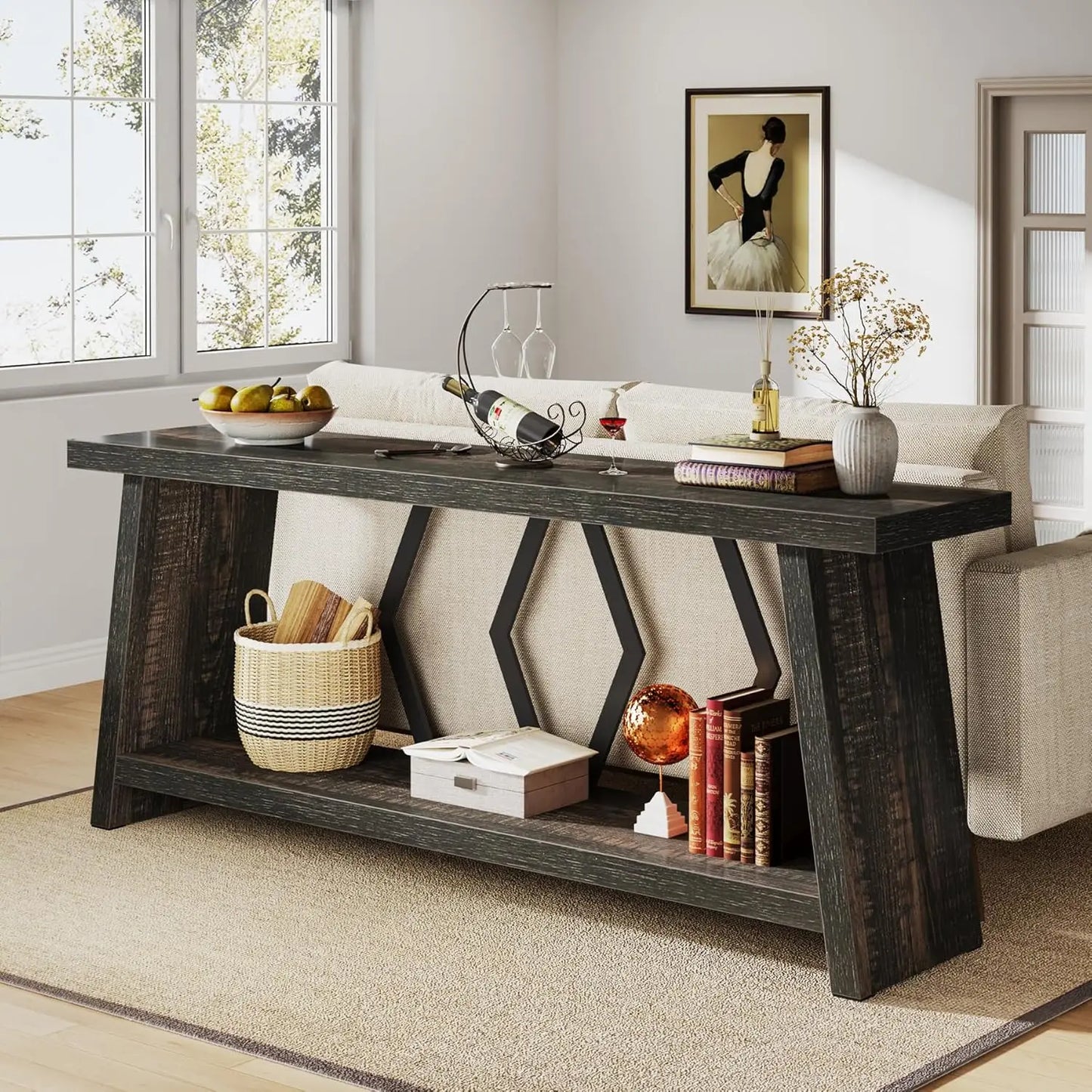 Farmhouse Console Table,Narrow Long Sofa Entryway Table, 2-Tier Wood Couch Foyer Accent Table for Living Room, Hallway